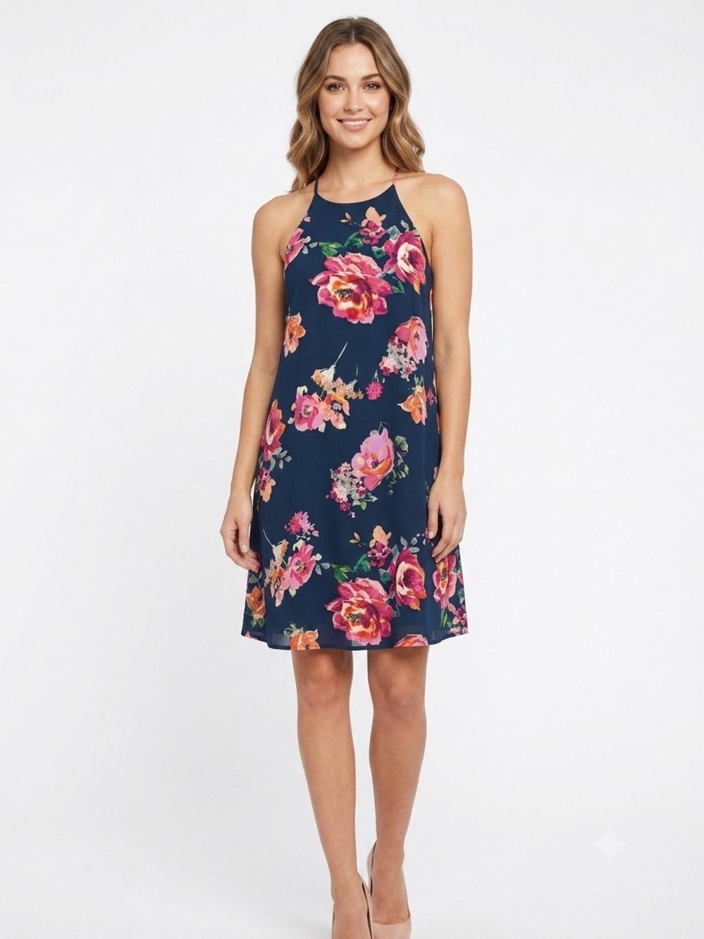 Everly Navy Floral Halter Shift Dress Size M Sleeveless Lined Boutique Made USA